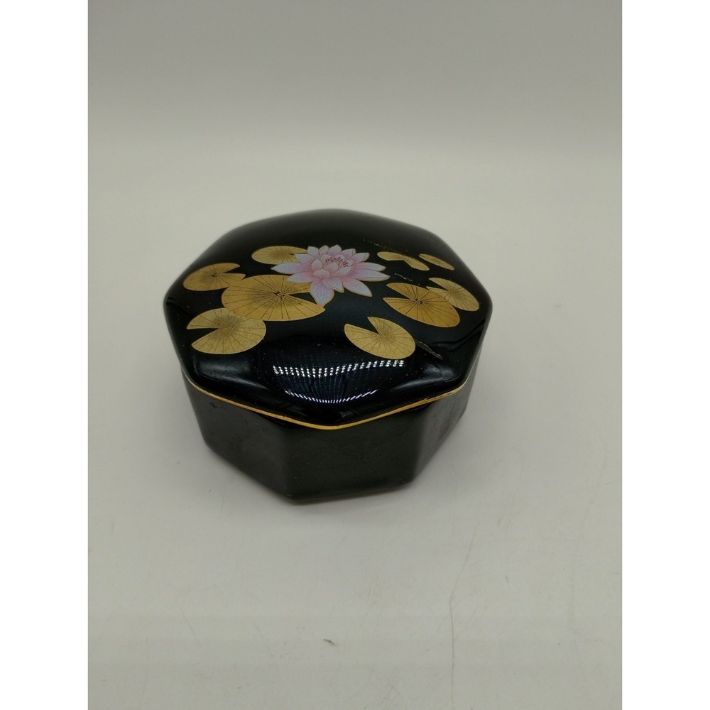 Vintage Ceramic Black Lotus Otagiri Trinket Box Octagon Shape W/Lid Asian Theme